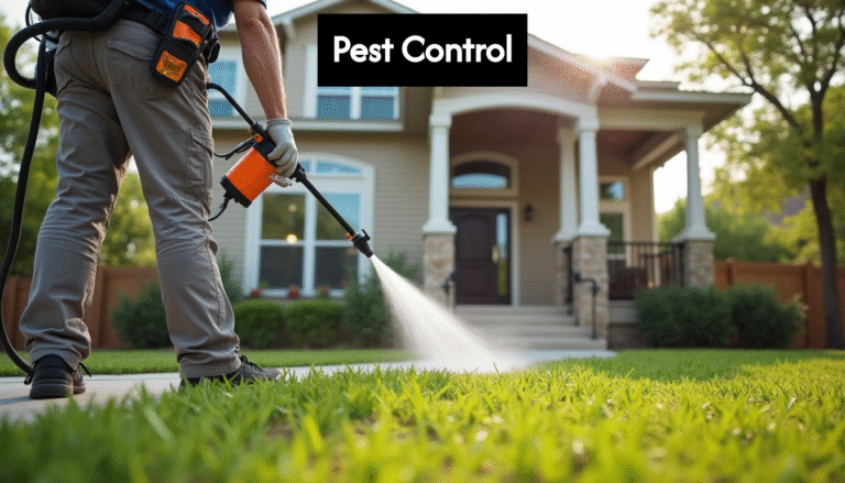 Pest control technician treating North Texas home exterior