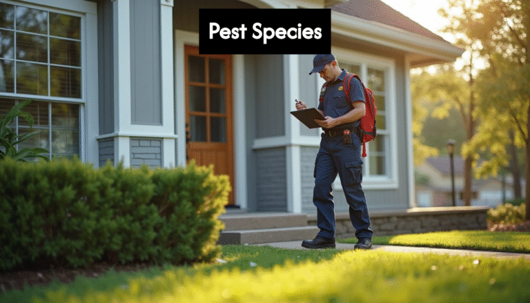 Pest control technician inspects North Texas home exterior
