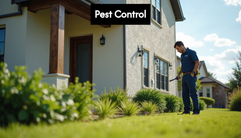 Pest control worker inspecting Texas house exterior