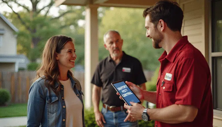 Pest control technician showing safe methods to Texas family