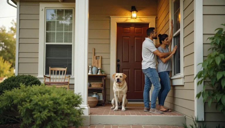 Texas couple on porch inspecting window for pests