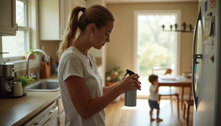 Texas homeowner reading pest control label in kitchen