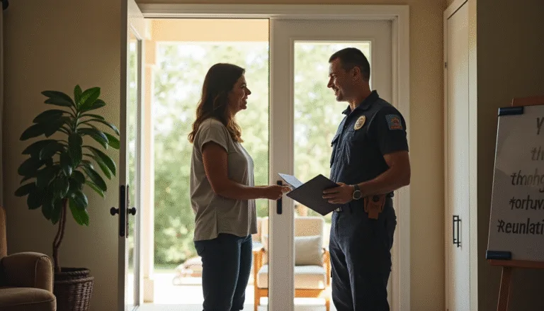 Pest control technician greeting homeowner in sunlit living room