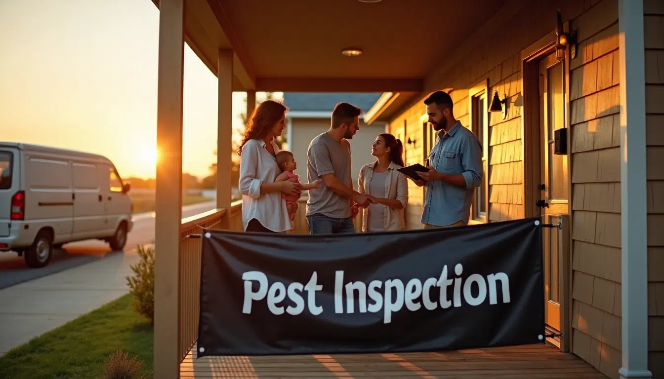 Texas family with pest inspector on front porch at sunset