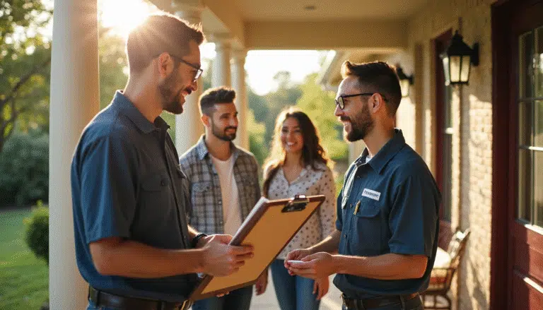 Texas homeowner and pest control technician reviewing plans outside home