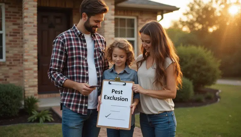Texas family inspecting home exterior for pest exclusion