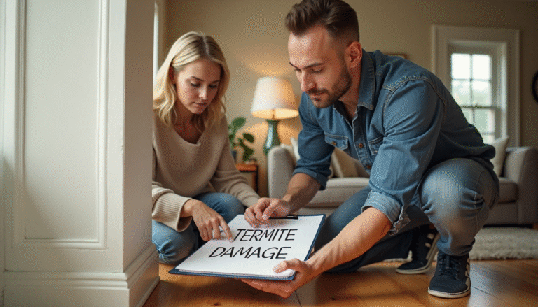 Inspector and homeowner review termite damage in sunlit living room