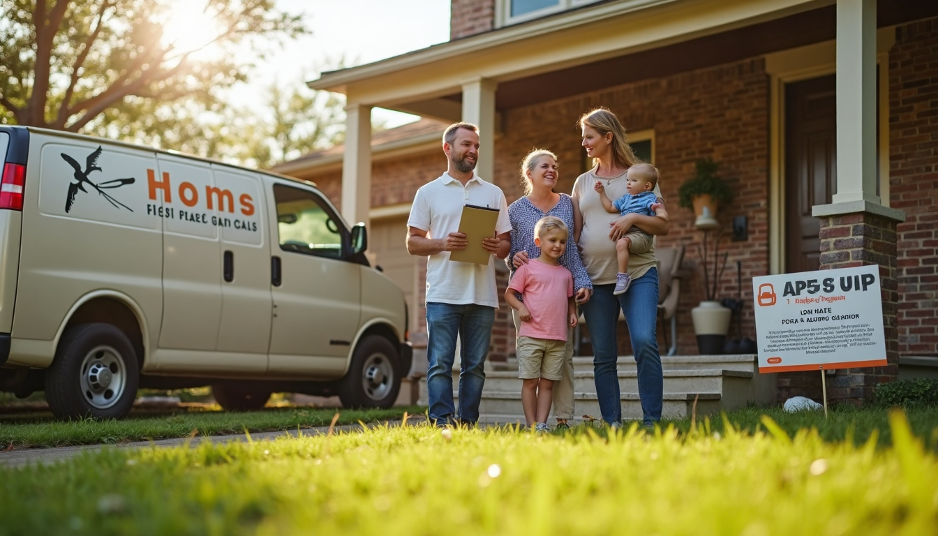 Texas family and pest control worker in front of house, 'Home Protection' yard sign