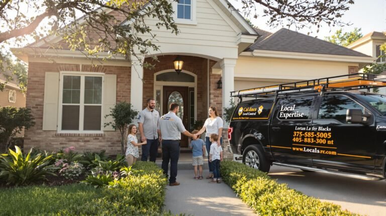 Texas family greets local pest control technician in front yard, highlighting local expertise