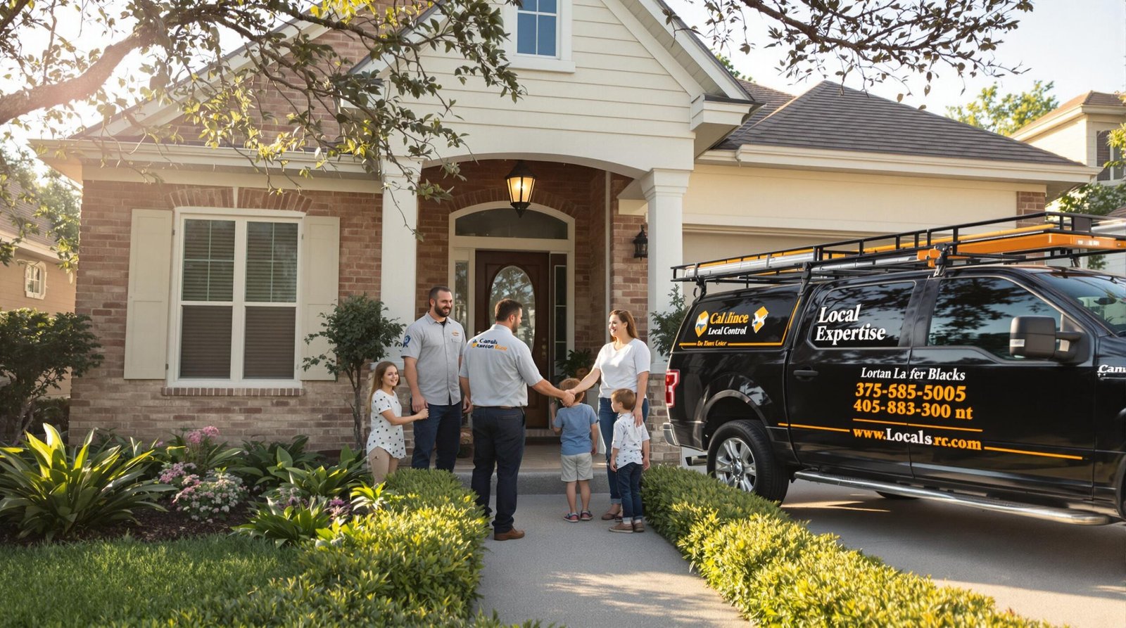 Texas family greets local pest control technician in front yard, highlighting local expertise