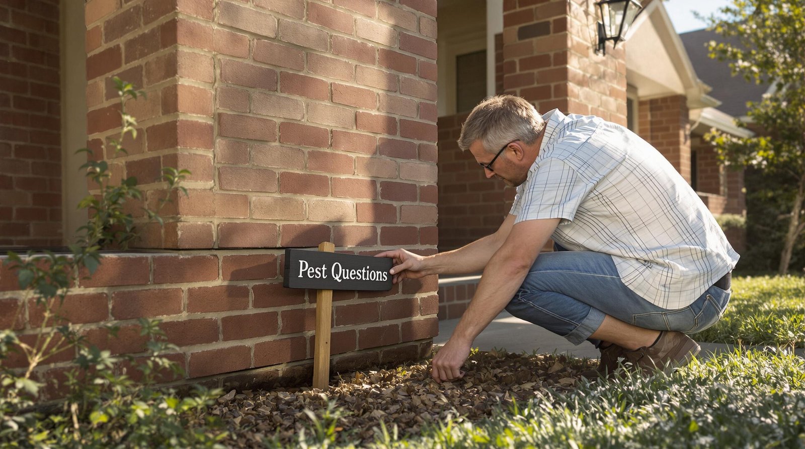 Texas homeowner checks house foundation for pest risks in sunlight