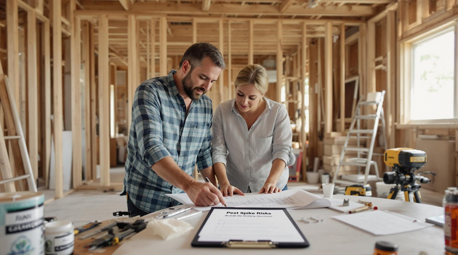 Contractor and homeowner planning amid home renovation highlighting pest spike risks
