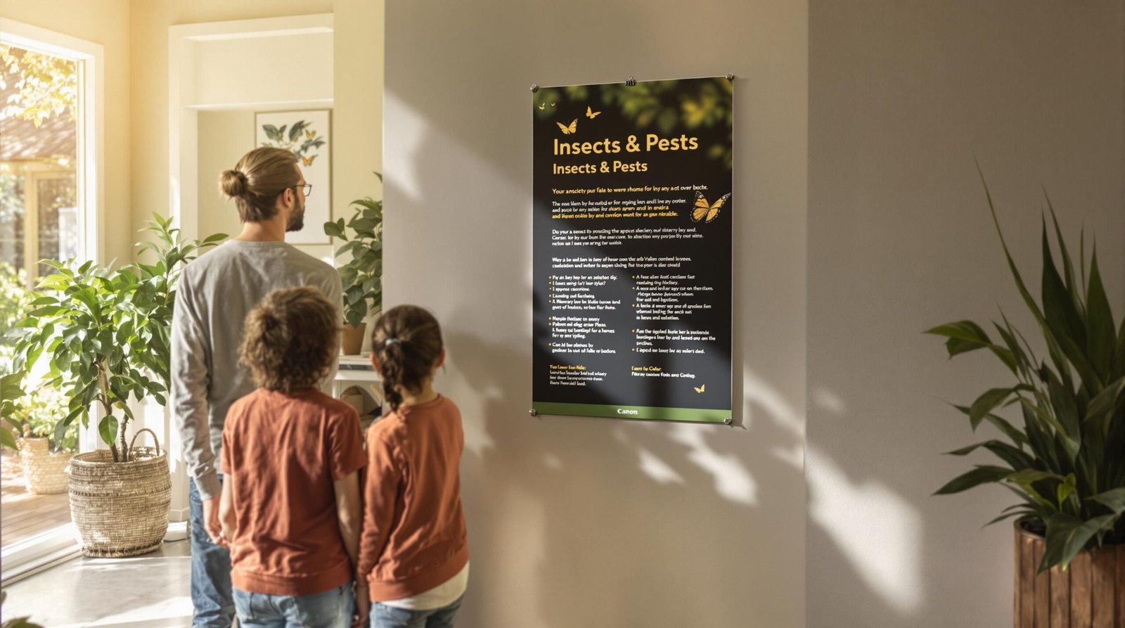 Texas family enters home, notices insects on plants and wall poster distinguishes insects from pests