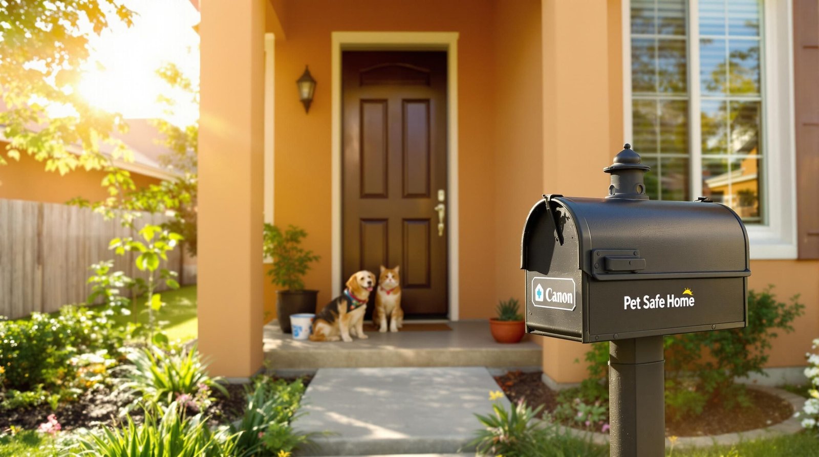 Pet Safe Pest Prevention Tips Texas home exterior with pets and a pet safe sign