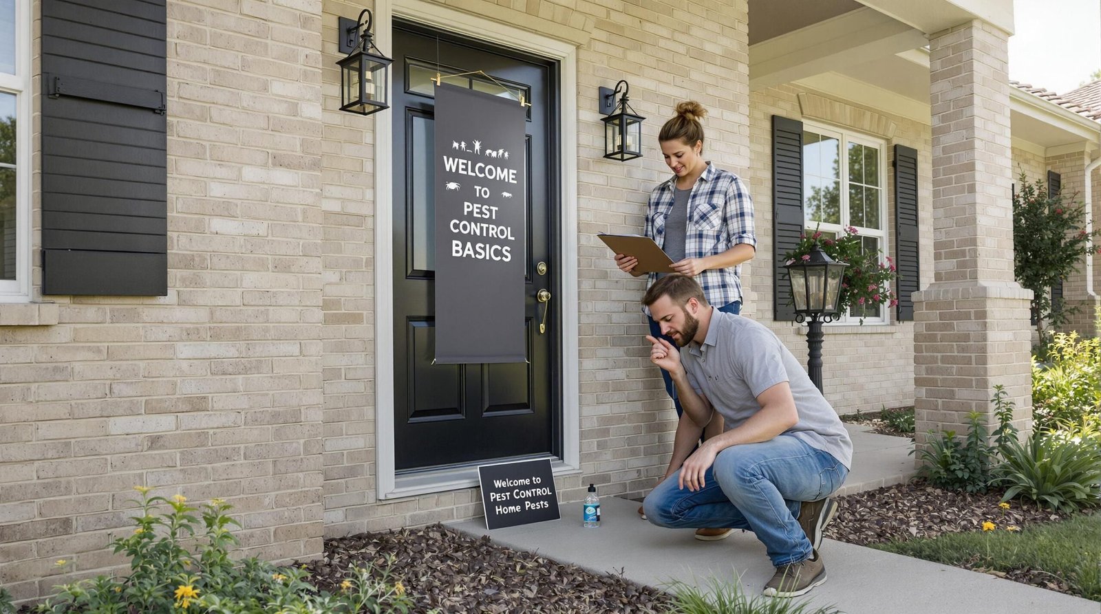 Texas family inspecting home exterior for pest prevention