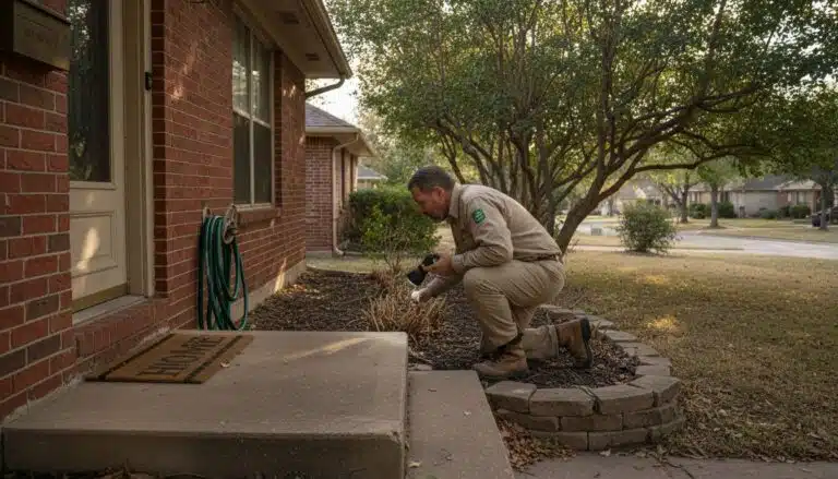 Pest control technician inspecting North Texas home